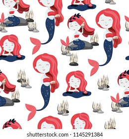 Seamless pattern with cute mermaids, jellyfish and seashells. Good for fabric, apparel, home decor. Stock vector