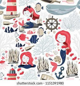 Seamless pattern with cute mermaids, lighthouse, fishes, shells, anchor, starfish etc. Sea or ocean life. Background for wrapping, apparel, home decor etc. Stock vector