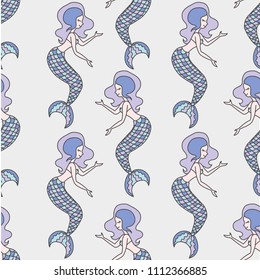 Seamless pattern with cute mermaids,  on grey background.