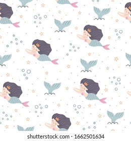 Seamless pattern with cute mermaids on white background. Vector illustration for children.