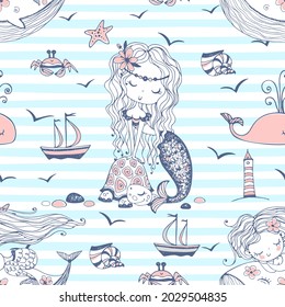 Seamless pattern with cute mermaids on a striped background. Vector.