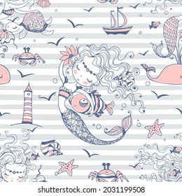 Seamless pattern with cute mermaids on a striped background. Vector.