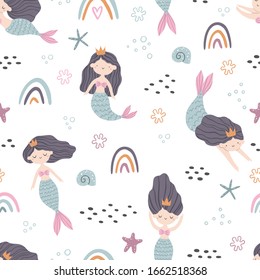 Seamless pattern with cute mermaids, rainbows, sea stars and shells. Vector illustration.