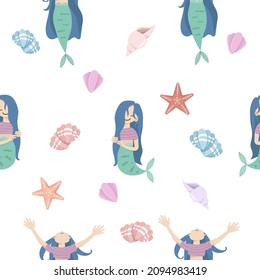 Seamless pattern with cute mermaids, sea stars and shells. Vector illustration. Flat cartoon style colorful background for kids.