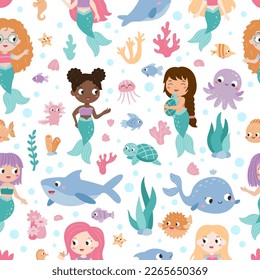 Seamless pattern and cute mermaids  sea animals   fish  seaweeds  corals  Kawaii cartoon characters  Fairy tale  Flat style  Vector illustration 