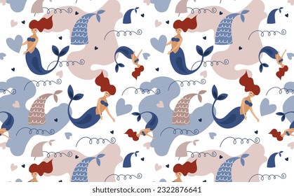 Seamless pattern with cute mermaids and sea wave. Vector flat  kids texture for fabric, wrapping, textile, wallpaper.