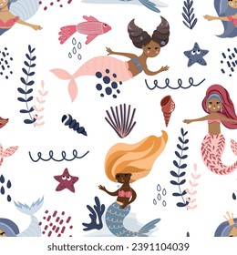 Seamless pattern of cute mermaids, sea creatures, seaweed and corals, vector illustration in flat style, cartoon textile ornament