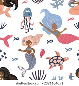 Seamless pattern of cute mermaids, sea creatures, seaweed and corals, vector illustration in flat style, cartoon textile ornament