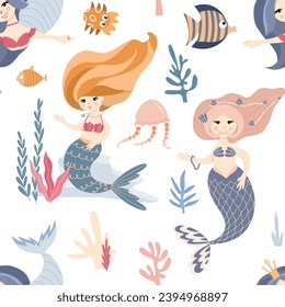 Seamless pattern of cute mermaids, sea creatures, seaweed and corals, vector illustration in flat style, cartoon textile ornament