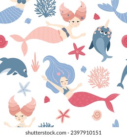 Seamless pattern of cute mermaids, sea creatures, seaweed and corals, vector illustration in flat style, cartoon textile ornament