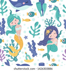 Seamless pattern with cute mermaids, seaweed and fishes