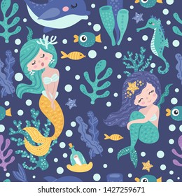 Seamless pattern with cute mermaids, seaweed and fishes