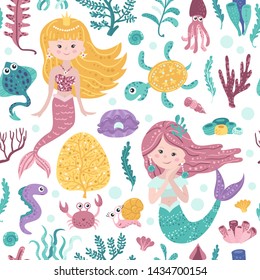 Seamless pattern with cute mermaids, seaweed and fishes