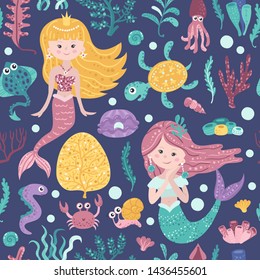 Seamless pattern with cute mermaids, seaweed and fishes. Vector illustration for your design