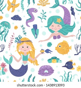 Seamless pattern with cute mermaids, seaweed and fishes. Vector illustration for your design