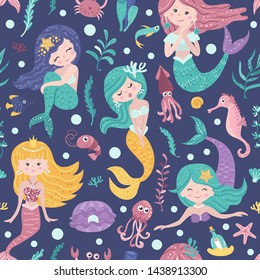 Seamless pattern with cute mermaids, seaweed and fishes