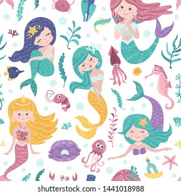 Seamless pattern with cute mermaids, seaweed and fishes. Vector illustration for your design