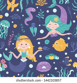 Seamless pattern with cute mermaids, seaweed and fishes