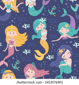 Seamless pattern with cute mermaids, seaweed. Vector illustration for your design
