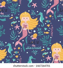Seamless pattern with cute mermaids, seaweed