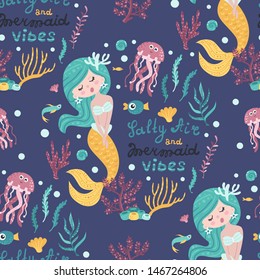 Seamless pattern with cute mermaids, seaweed