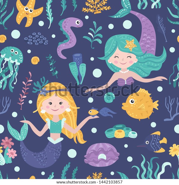 Seamless Pattern Cute Mermaids Seaweed Fishes : image vectorielle de