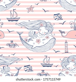 Seamless pattern with cute mermaids sleeping on whales on a striped background. Vector.