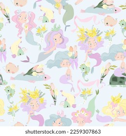 Seamless Pattern with Cute Mermaids and Spring Flowers