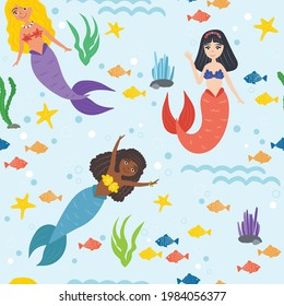 Seamless pattern. Cute mermaids under the water. African-American mermaid. Long hair. Starfish, fish, seaweed. Vector illustration.
