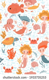 Seamless pattern with cute mermaids. Vector graphics.