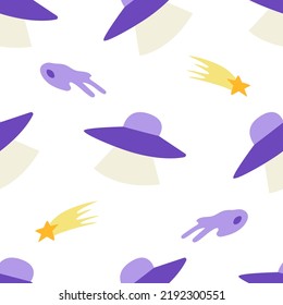 Seamless pattern with cute meteors, stars and alien ships. Cosmic vector background. Hand drawn space elements
