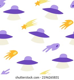 Seamless pattern with cute meteors, stars and alien ships. Cosmic vector background. Hand drawn space elements