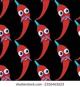 Patrón sin foco con pimientos picantes mexicanos con bigote. Diseño surrealista en negro. Estilo de caricatura pop con manchas. Textura sin fin. Ilustración del vector 3d
