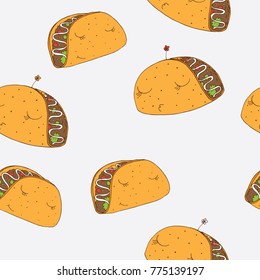 Seamless pattern with cute mexican tacos drawn with hand with lovely faces. Design good for wrapping paper and textile