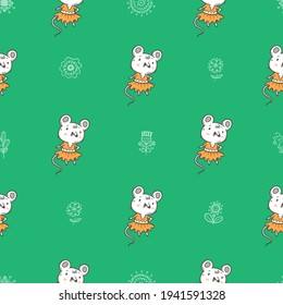 Seamless pattern with cute mice in dresses on green background. Funny animal print. Doodle floral wallpaper. Fashionable characters poster.