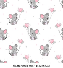 Seamless pattern with cute mice and heart balloons.
