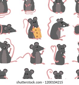 Seamless pattern with cute mice in various poses in cartoon style. Vector illustration for your design