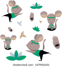 seamless pattern of cute mice in yoga poses On white background. Print a Healthy lifestyle. For textiles, packaging, carton, cardboard, wrapping paper and other. In a cartoon style. Vector