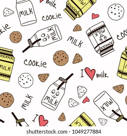 Seamless pattern with cute milk bottle character and cookies. Creative vector childish background for fabric, textile, wrapping paper and another