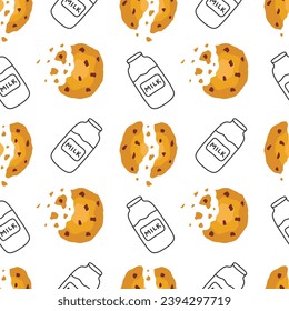 Seamless pattern with cute milk bottle and cookies.