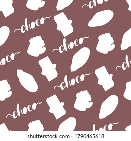 Patrón sin foco lindo frijoles de chocolate de leche, cacao, taza de café, dulce de dulce de dulce de caramelo. La mano ahogó elementos blancos. Utilícelo para envolver papel, postal, embalaje, menú, café, restaurantes.