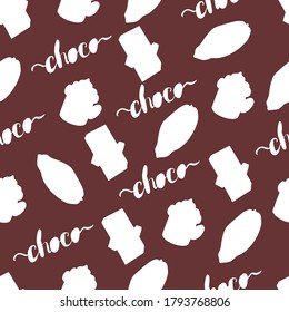 Seamless pattern cute milk chocolate beans, cacao, coffee cup, candy sweet. Hand drawn white elements. Use to wrapping paper, postcard, packaging, menu, cafe, restaurants.