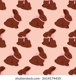 Seamless pattern with cute milk chocolate bunnies and pink bows on a peach background. Vector Easter editable background.