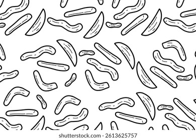 Seamless pattern of Cute minimalist French fries doodle. Yellow snack and chips isolated in white background. Simple snack motives wallpaper background.