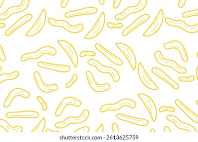  Seamless pattern of Cute minimalist French fries doodle. Yellow snack and chips isolated in white background. Simple snack motives wallpaper background.
