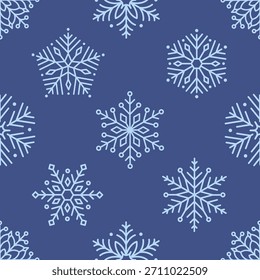 Seamless pattern with cute minimalist snowflakes. Gentle winter holiday design for Christmas, New Year. Perfect for banner, wallpaper, wrapping paper, background, card, poster. Vector illustration