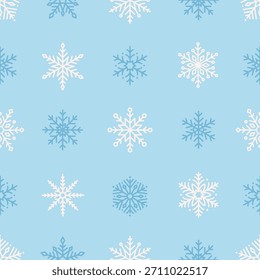 Seamless pattern with cute minimalist snowflakes. Gentle winter holiday design for Christmas, New Year. Perfect for banner, wallpaper, wrapping paper, background, card, poster. Vector illustration