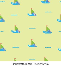 Seamless pattern with cute minimalistic ships in gentle pastel shades. KGreen blue sailing boats in cartoon children's style. Vector illustration for decoration of textile newborns, postcards, design