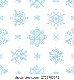 Seamless pattern with cute minimalistic snowflakes. Festive winter holiday design for Christmas, New Year. Perfect for banner, wallpaper, wrapping paper, background, card, poster. Vector illustration