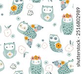 Seamless pattern with cute mint owls. Childish owl birds and flowers, white background. Ideal for fabrics, textiles, apparel, wallpaper.